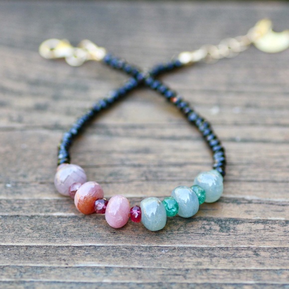 Sparkling Natural Black Spinel , Emerald and Sapphire Bracelet 14K Gold Filled - Picture 5 of 10